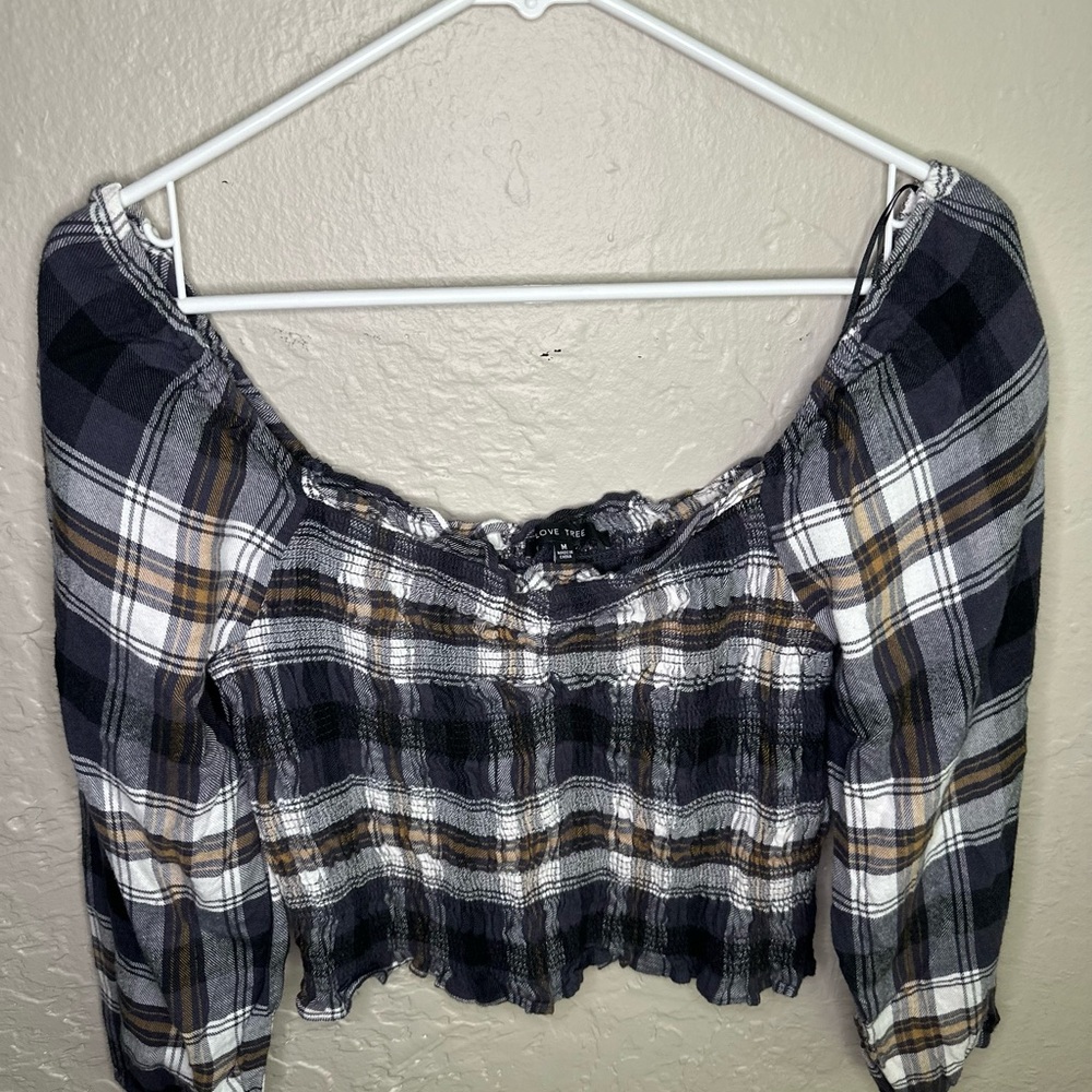 Love Tree Blue and White Smocked Crop Blouse
